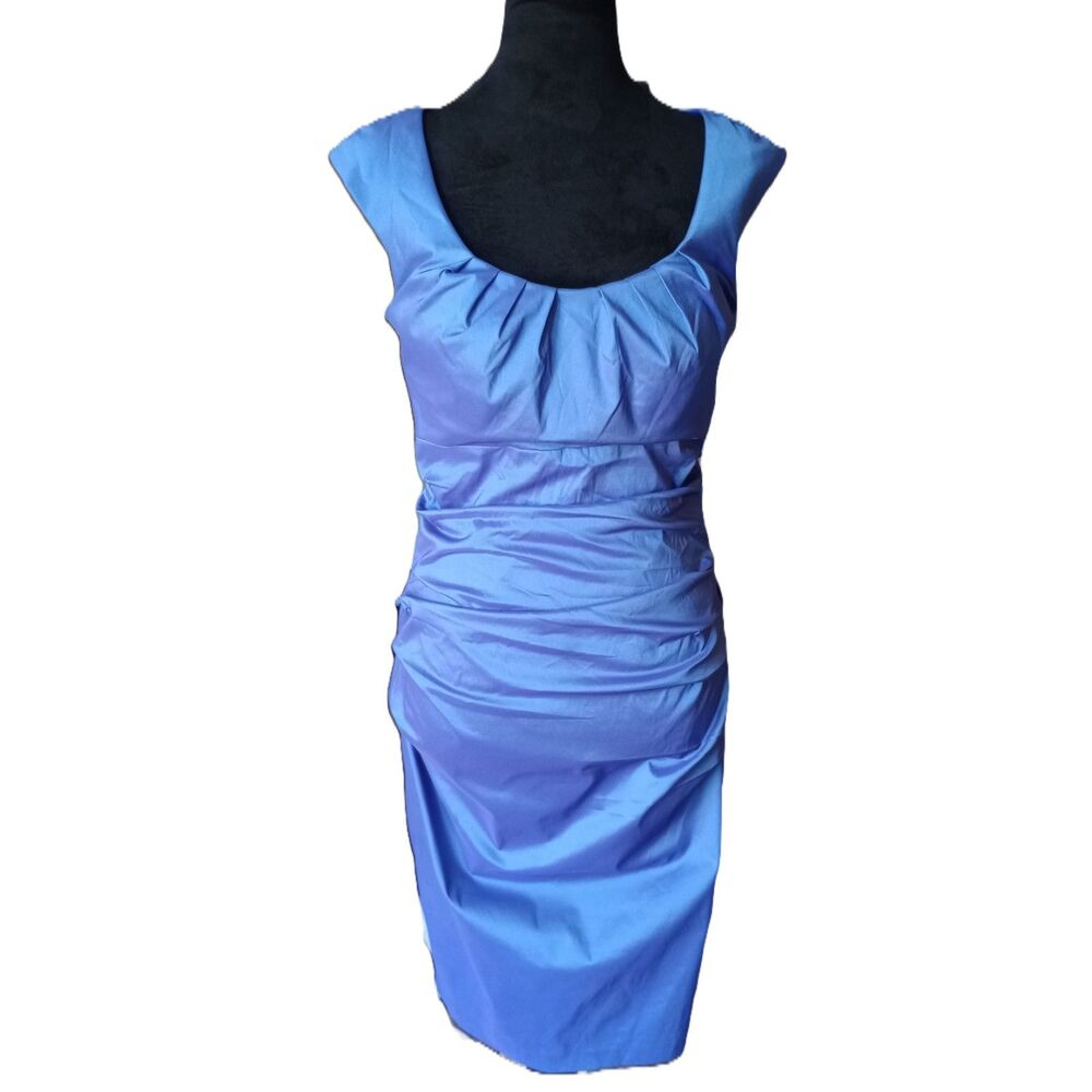 Signature By Songria Women's 8 Metallic Blue Ruched Midi Cocktail Dress